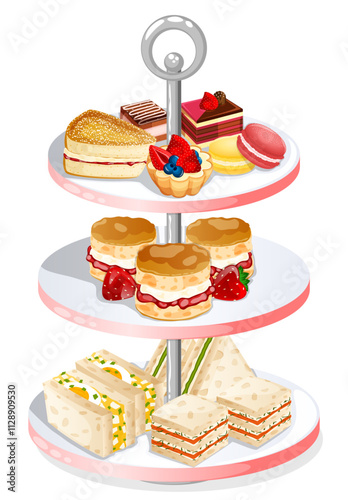 Traditional British Afternoon Tea Snacks Tray with Savouries, Scones and Sweets Courses.