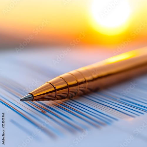 Golden pen resting on lined paper at sunset photo