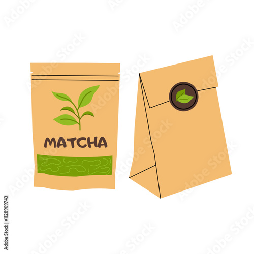 Matcha. Set green tea packages. Matcha powder for making drink. Flat illustration on white background.