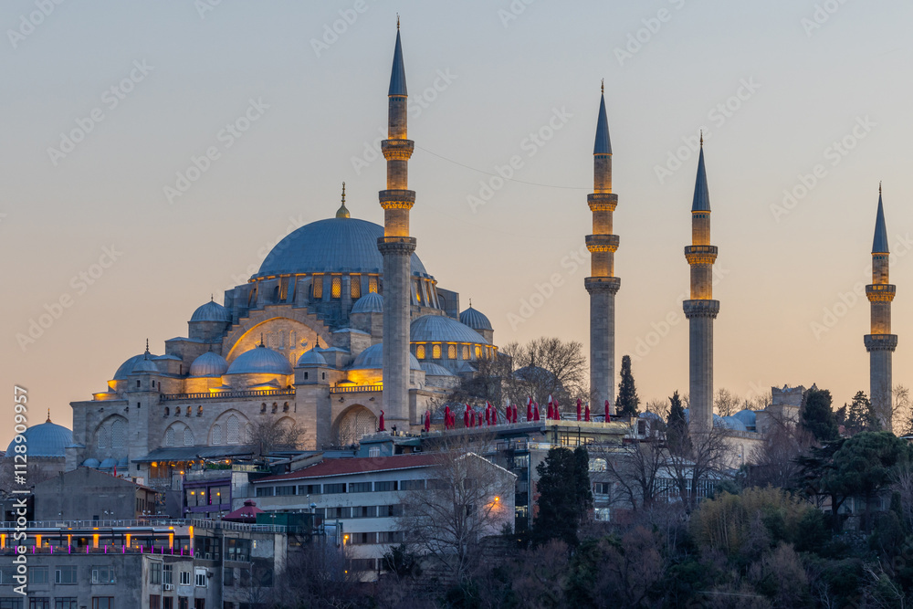 Naklejka premium Suleymaniye Mosque Ottoman imperial mosque at sunset, Historical Suleymaniye Mosque Istanbul most popular tourism destination of Turkey, Golden Horn, Istanbul, Turkiey,