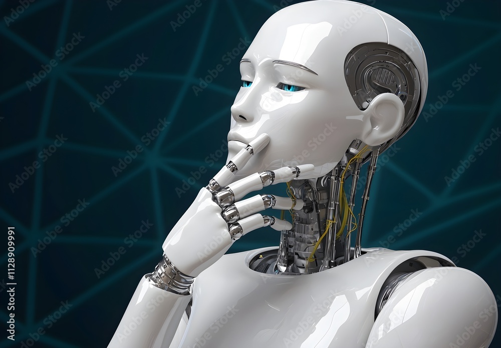 Modern humanoid robot in contemplation pose showcasing advanced technology and futuristic design concepts Modern humanoid robot in contemplation pose showcasing advanced technology and futuristic design concepts