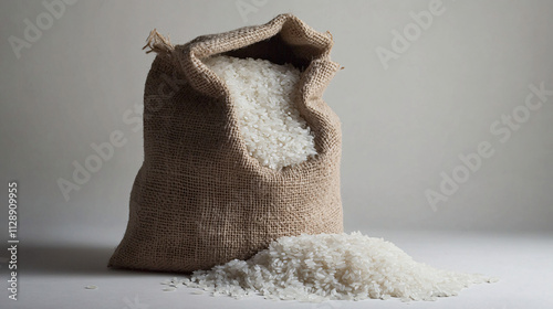 An open sack of rice with grains spilling out onto a clean, rustic wooden surface, evoking simplicity and abundance.

