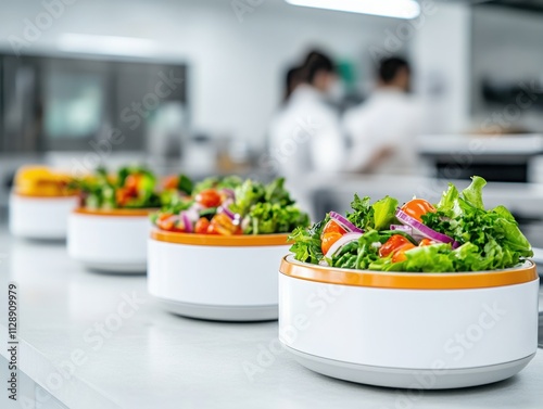 Freshly prepared salads in modern kitchen setting, showcasing vibrant vegetables and healthy ingredients in stylish bowls. photo