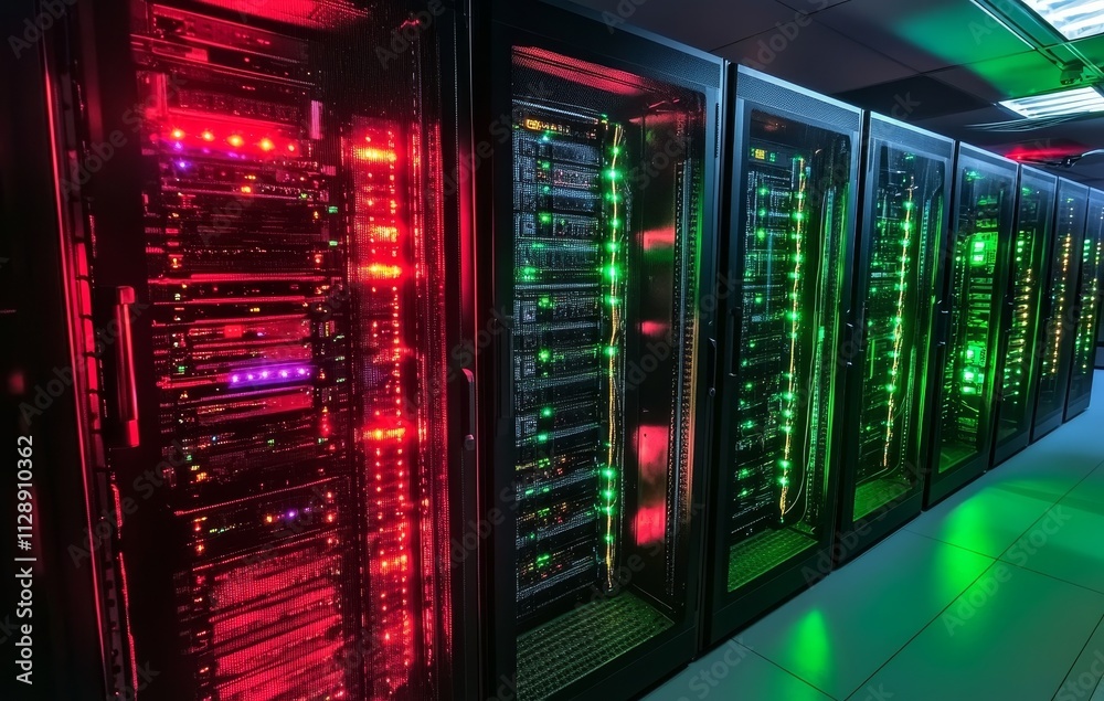 Data center server room with glowing racks. Data center server room with glowing racks.