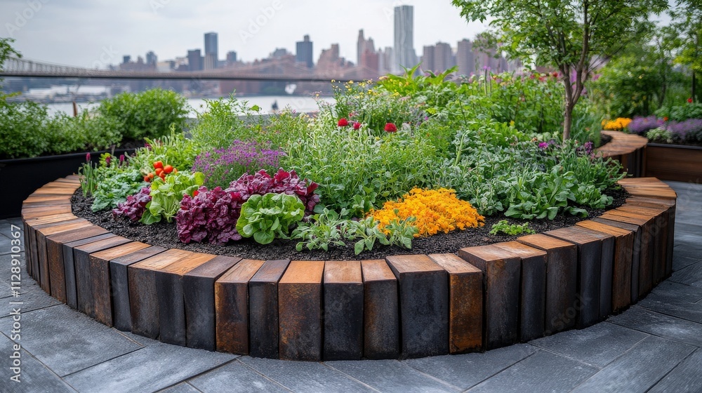 Fototapeta premium Stunning Urban Garden with Lush Vegetables and Colorful Flowers Surrounded by a Modern Landscape in a Metropolitan Setting