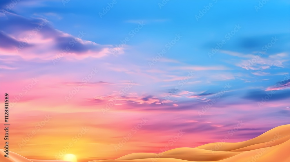 Serene Desert Sunset with Colorful Sky and Smooth Sand Dunes in Tranquil Landscape Serene Desert Sunset with Colorful Sky and Smooth Sand Dunes in Tranquil Landscape