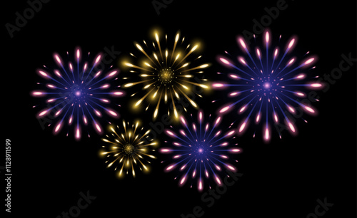 The vibrant vector design features golden and purple fireworks with dazzling bursts and sparkles. It is perfect for festive events, New Year celebrations, birthdays, posters, prints, and banners.	