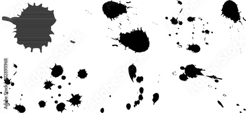 Black ink splatter and drip vector set with abstract stain designs and grunge textures - versatile artistic elements for backgrounds, overlays, creative design projects, and graphic artwork

