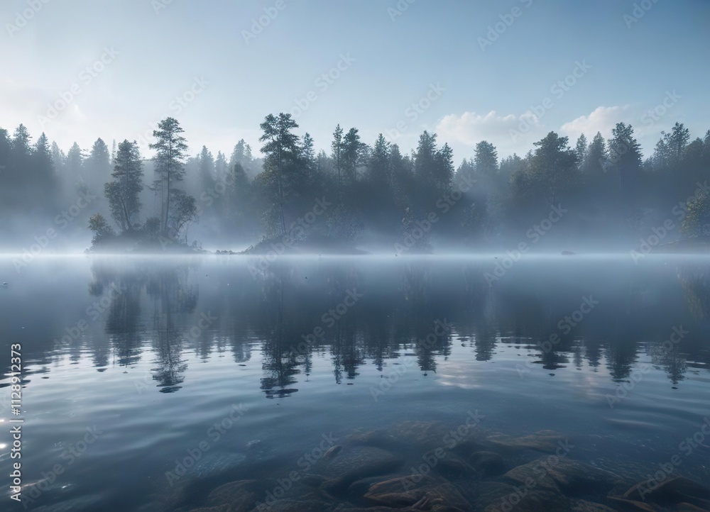 Blue mist rising from the surface of a calm lake , surface, reflection Blue mist rising from the surface of a calm lake , surface, reflection