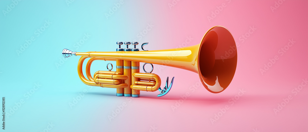 Yellow Trumpet on Pink and Blue Background. Yellow Trumpet on Pink and Blue Background.