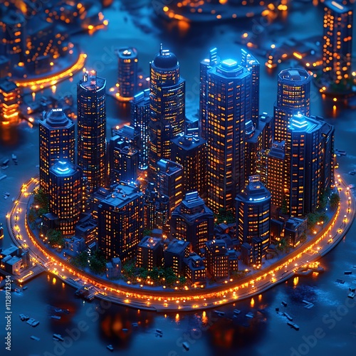 A vibrant, illuminated cityscape at night with modern skyscrapers and waterways.