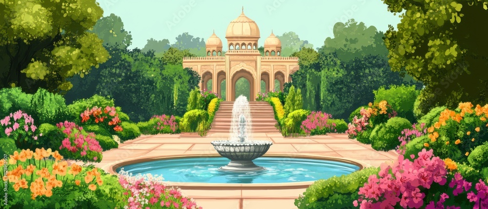 Serene Garden Oasis with Majestic Palace and Tranquil Fountain