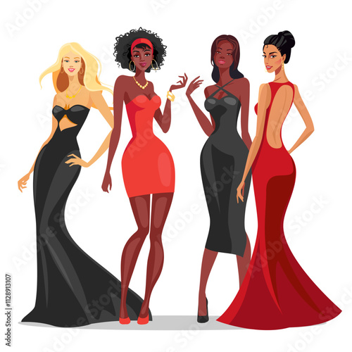 Sexy female models in prom dresses posing standing