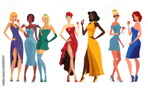 Attractive ladies in cocktail dresses standing in a pose with glasses of drinks in their hands vector illustration