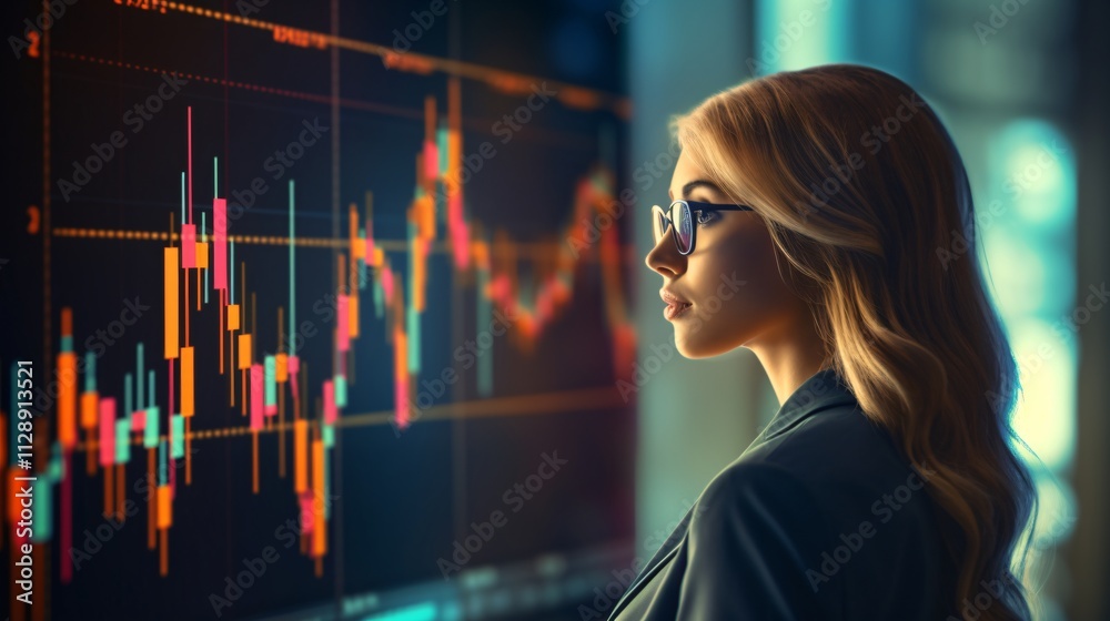 close up of businesswoman in eyeglasses with forex chart over office background close up of businesswoman in eyeglasses with forex chart over office background