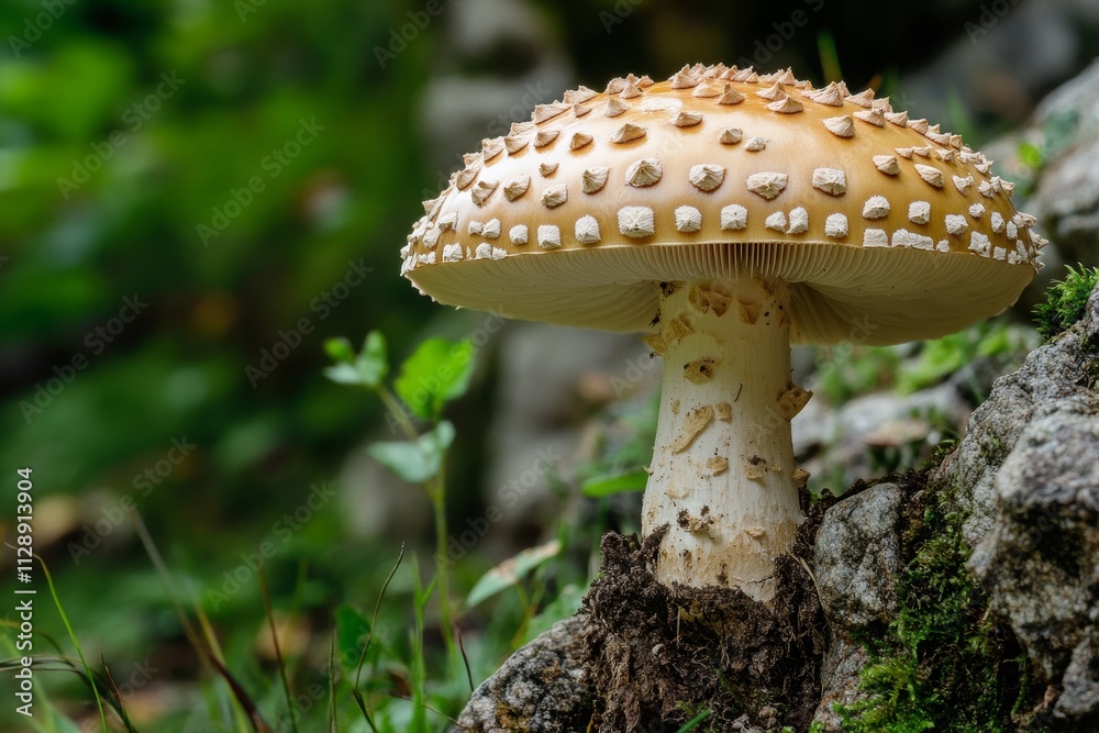 Close-up of a large, pale yellow mushroom with white warts growing from rocks and moss in a forest. Close-up of a large, pale yellow mushroom with white warts growing from rocks and moss in a forest.