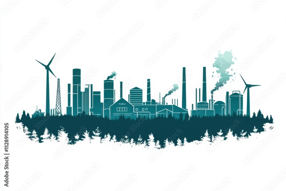 Flat illustration of an industrial city with factories and wind turbines Flat illustration of an industrial city with factories and wind turbines