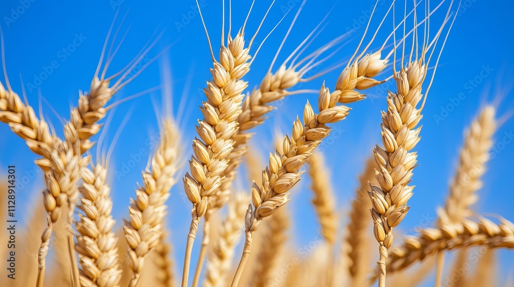 Golden Wheat Field Under Bright Blue Sky with Vibrant Colors and Vast Landscape Golden Wheat Field Under Bright Blue Sky with Vibrant Colors and Vast Landscape