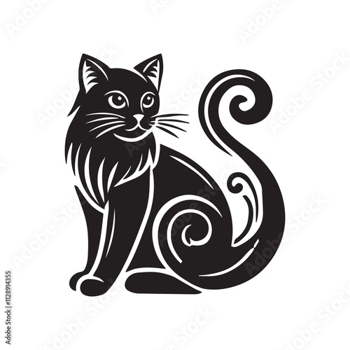 Cat Silhouette Vector Illustration, Solid White Background.