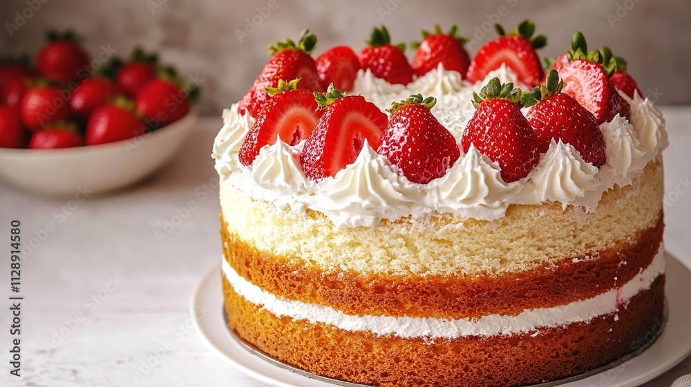 Strawberry sponge cake with cream on white plate Strawberry sponge cake with cream on white plate