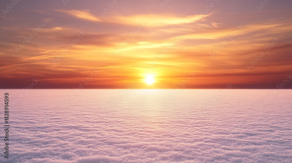 Fototapeta premium Stunning Sunset Over a Snowy Plain with Bright Orange and Pink Hues in the Sky