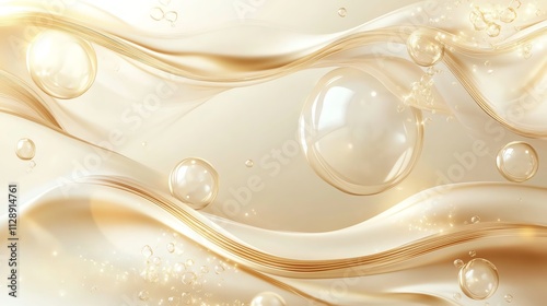 Abstract pearlescent waves with bubbles creating a luxurious texture. Soft golden hues adding elegance and depth to the design.