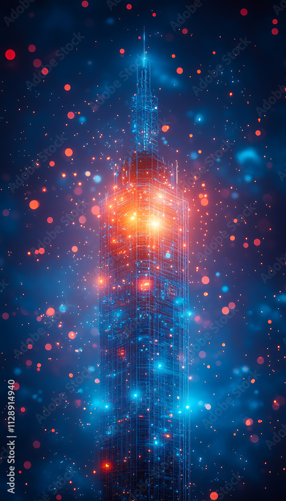 Fototapeta premium A glowing wireframe rendering of a futuristic 5G tower on a translucent background, highlighted with vibrant blue and black data points. A conceptual image representing advanced digital connectivity. 