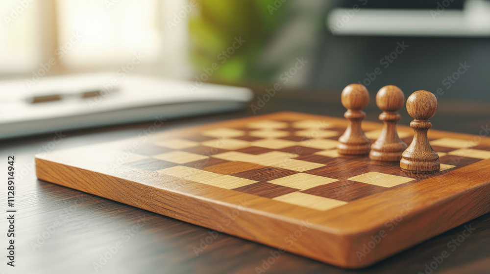 Three wooden pawns placed on a chessboard in a sunlit room, offering a calm and strategic atmosphere for a thoughtful game.