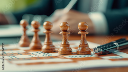 Chess pawns and a pen rest on documents, symbolizing strategic planning in a business setting. A blurred figure writes in the background. photo