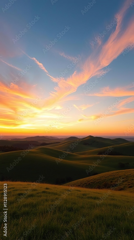 Obraz premium The sky is painted with hues of orange and pink as wispy clouds drift lazily across a vast expanse of green hills at sunset, natural scenery, sunset
