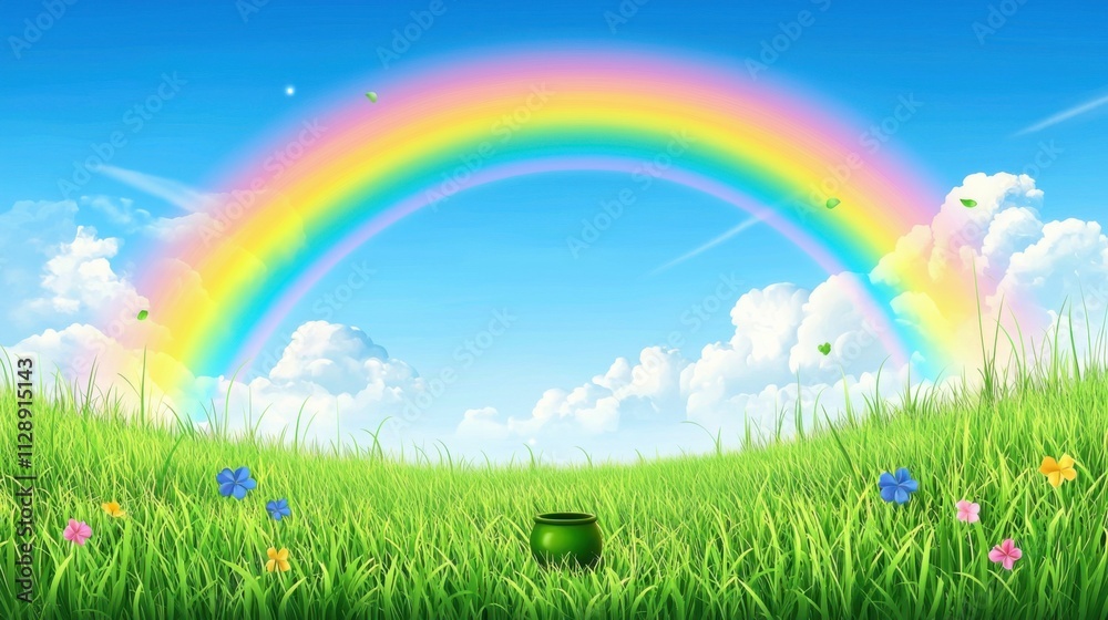 Vibrant Rainbow Over Lush Green Meadow With Sunny Blue Sky And Fluffy Clouds Vibrant Rainbow Over Lush Green Meadow With Sunny Blue Sky And Fluffy Clouds