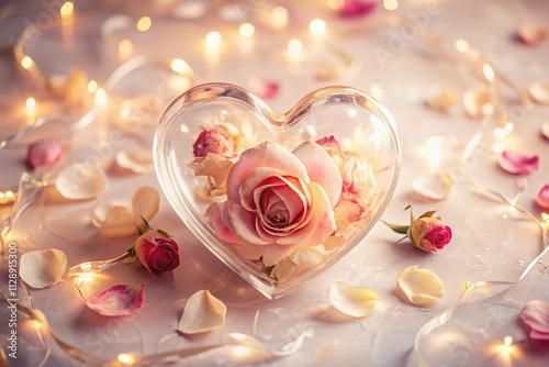 Delicate Heart and Rose Petal Scatter on Soft Background for Valentine's Day Celebration, Symbolizing Love, Romance, and Affection