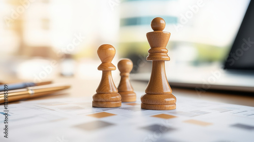 Wooden chess pieces, including a king and pawns, placed on documents in a bright office setting, symbolizing strategy and planning in business. photo