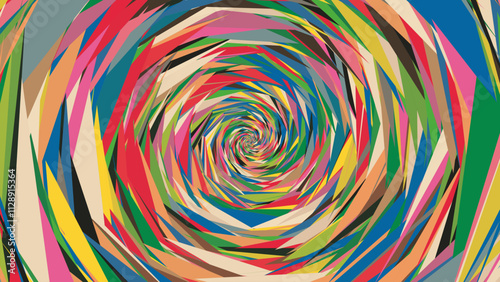Abstract geometric pop art background made of triangles with spiral effect and muted colors. Digital artwork modern twisted design, blending optical illusion and polygonal design. Vector illustration