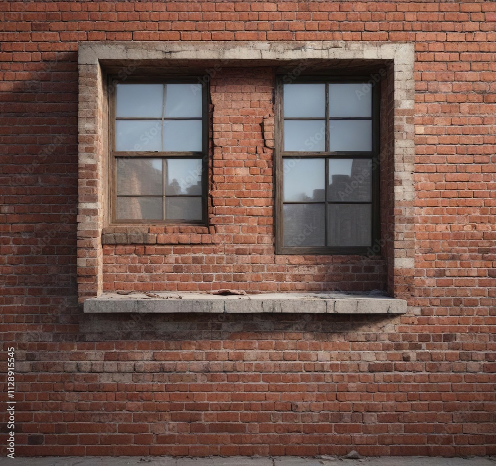 Unfinished brick wall with a partially bricked up window, weathered, old window, overgrown Unfinished brick wall with a partially bricked up window, weathered, old window, overgrown