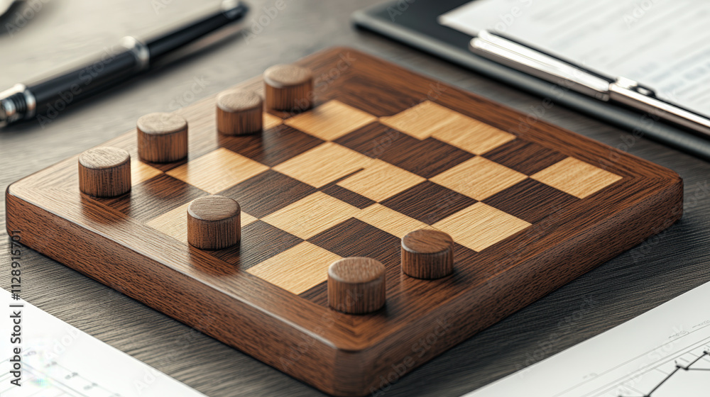 A wooden checkers board is set up on a desk with documents and a pen nearby, creating a thoughtful, strategic atmosphere. A wooden checkers board is set up on a desk with documents and a pen nearby, creating a thoughtful, strategic atmosphere.