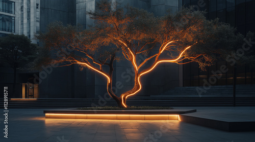 A unique charging tree with its branches shaped like lightning bolts, glowing softly in a minimalist outdoor plaza, captured at dusk photo