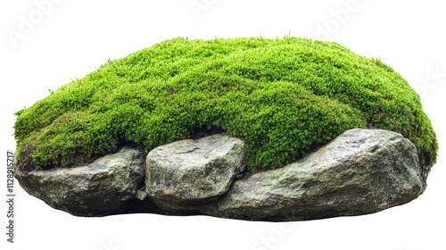 Green moss blanket on rustic stones, nature's vibrant texture, serene and earthy composition. Isolated on white background or PNG