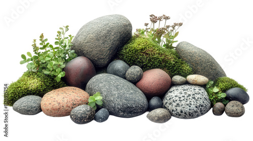 Serene stone garden, diverse smooth rocks, lush green moss Isolated on white background or PNG