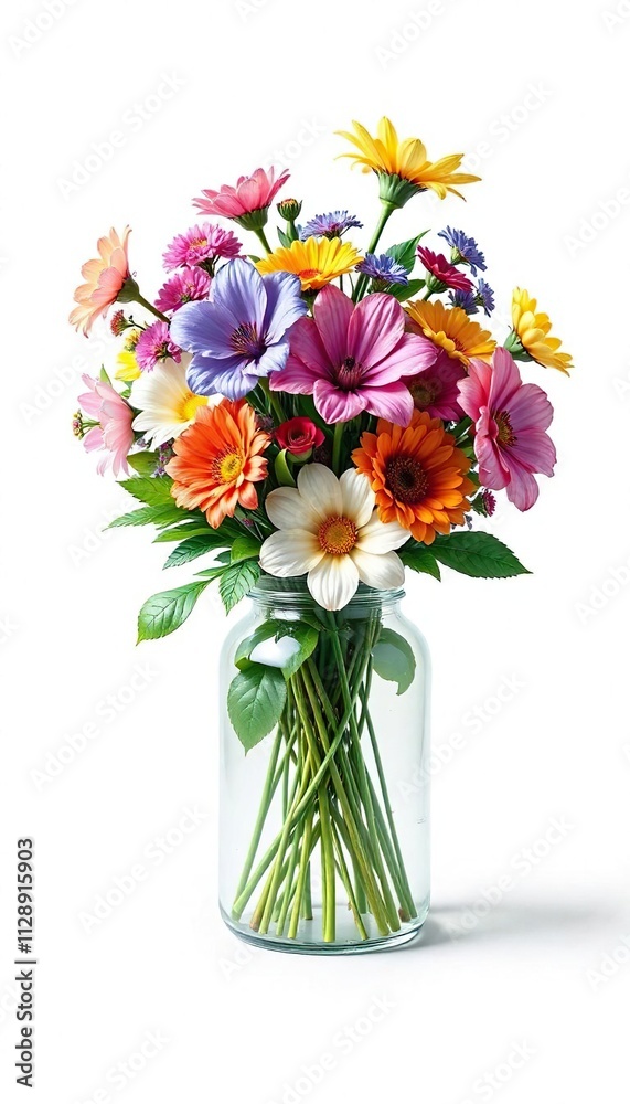 Vibrant floral arrangement in a glass jar against a crisp white background, flower arrangement, colorful flowers, botanical arrangement Vibrant floral arrangement in a glass jar against a crisp white background, flower arrangement, colorful flowers, botanical arrangement