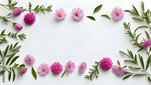 Beautiful and soft web banner with pink daisies, branches, leaves and petals on a white background. Flat style. Top view. Copy room. 