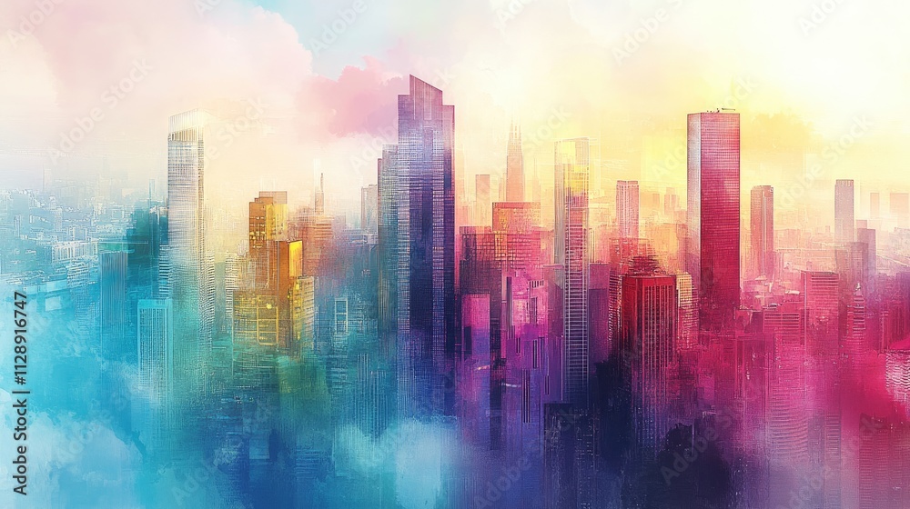 Tall buildings and coins are the same height, water color vivid Tall buildings and coins are the same height, water color vivid