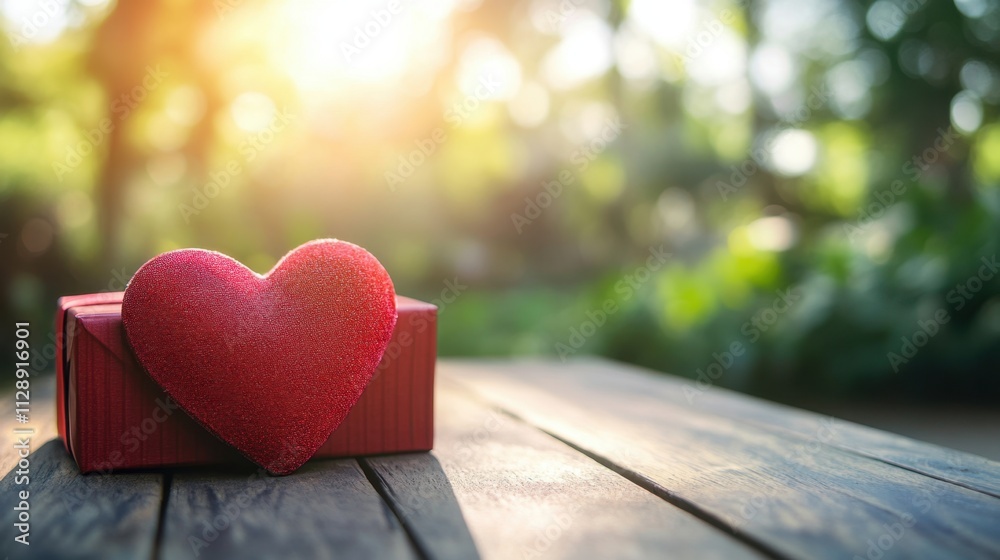 Red Heart on Gift Box with Sunlight in Outdoor Setting Red Heart on Gift Box with Sunlight in Outdoor Setting