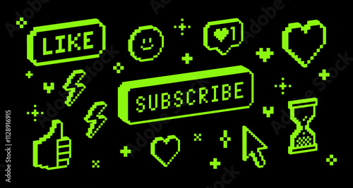 Y2k social media sticker set. 3D pixel art. Smile face, Like, Thumb up, Heart, Subscribe button. Game abstract elements. Geometric shapes on black background. Mood of 90's. Retro trendy brutal style