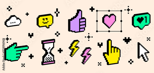 3D vintage social media icon emoji. Pixel art. Y2k modern online communication collage sticker set. Smile face, like, speech bubble message. 3D bright geometric objects isolated on white background