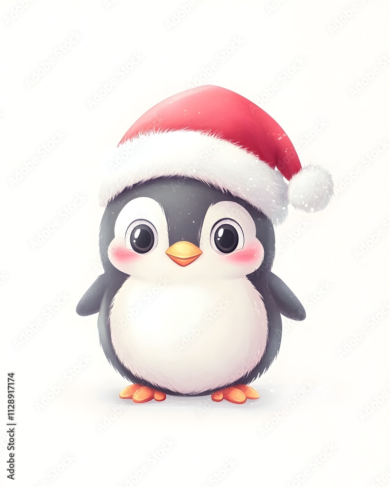 Fototapeta premium Cute cartoon little christmas penguin with red santa hat