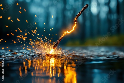 A powerful lightning bolt striking a metal rod, surrounded by glowing sparks and electric energy