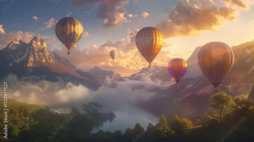 Hot air balloons float in the sky with charm and beautiful scenery. Hot air balloons float in the sky with charm and beautiful scenery.