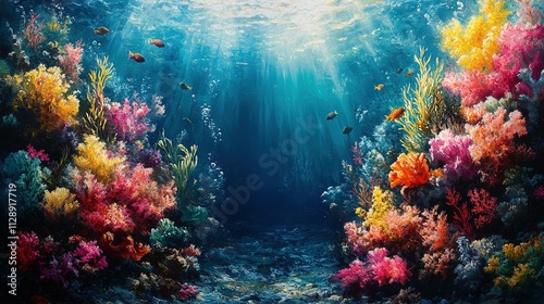 Vibrant Coral Reef Underwater Scene With Colorful Fish