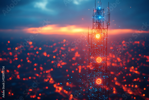 Glowing wireframe rendering of a 5G tower on a translucent background, highlighted by a combination of blue and black data points


